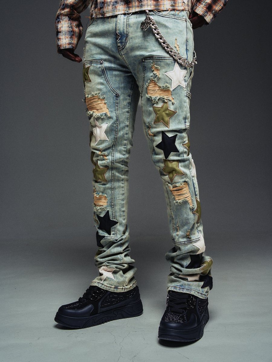 Olive Green Vintage Stars Denim