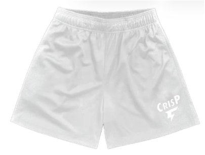 White athletic shorts with an elastic waistband and a white 'CRISP' logo printed on the lower left leg, shown against a plain white background.