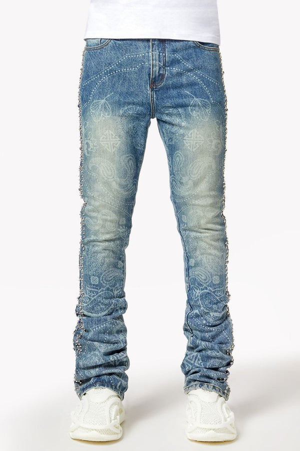 Aqua Blue Rivets Stacked Denim