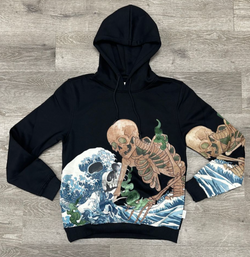 Skull Wave Pullover Hoodie - Black