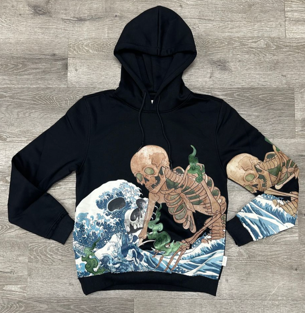 Skull Wave Pullover Hoodie - Black