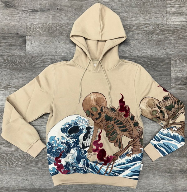 Skull Wave Pullover Hoodie - Tan