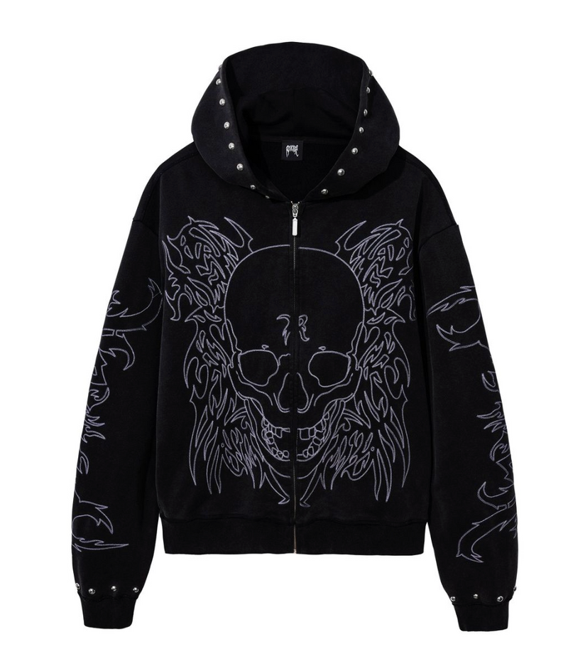 Studded Skull Zip Up - Vintage Black