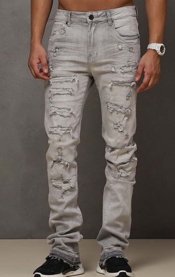 Grey Bleach Stacked Denim